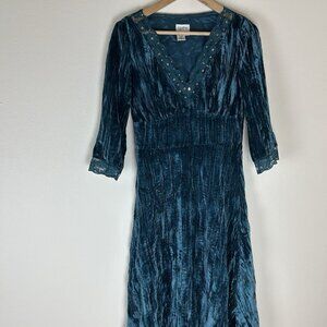 Dress Women’s 4 Crushed Velvet Lace Ruffle Dark Fairy Whimsigoth Beaded Midi
